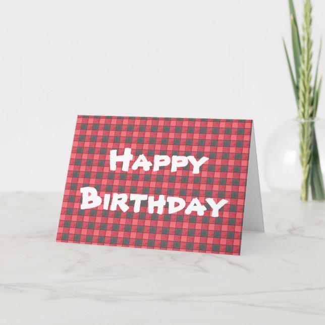 Red Black Plaid Check Happy Birthday Card (Front)