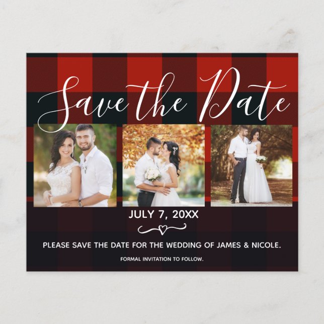 Red & Black Plaid Checks Photo Save the Date (Front)