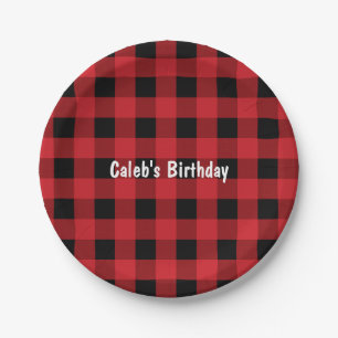 Red & Black Plaid Chequered Birthday Paper Plates