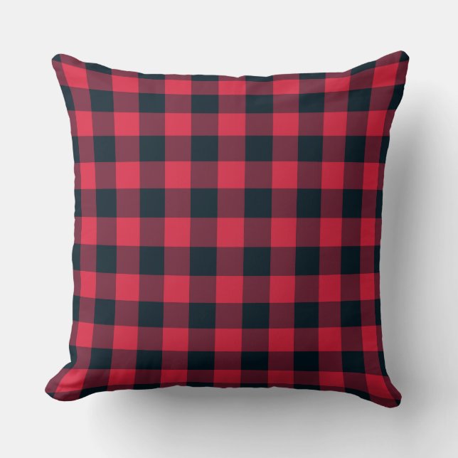Red Black Plaid Chequered Pattern Throw Pillow (Front)