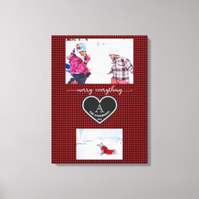 Red Black Plaid Christmas Quote Monogram Photo Canvas Print (Front)
