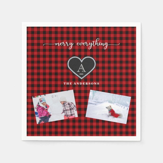 Red Black Plaid Christmas Quote Monogram Photo Napkin (Front)