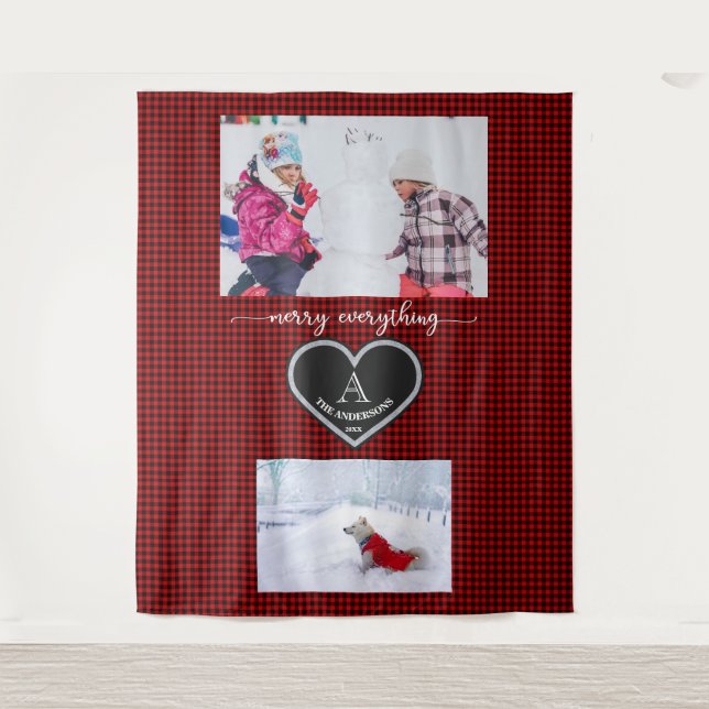 Red Black Plaid Christmas Quote Monogram Photo Tapestry (Front)