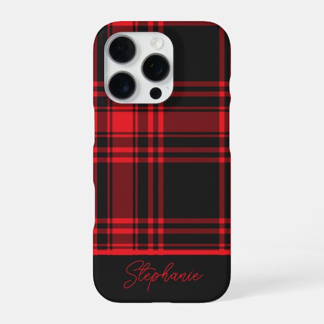 Red Black Plaid Custom Name iPhone Case (Back)