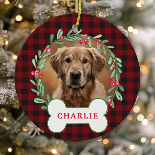 Red & Black Plaid Dog Photo Christmas Wreath Ceramic Ornament (Creator Uploaded)