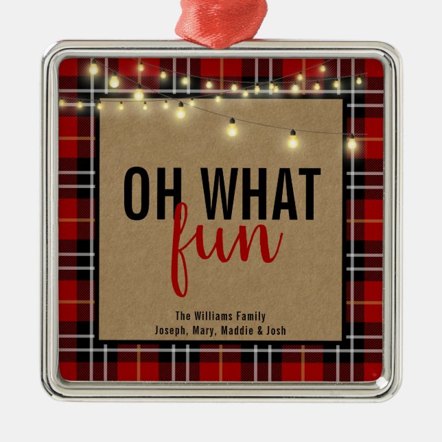 Red/Black  Plaid & Kraft Typography Christmas Metal Ornament (Front)