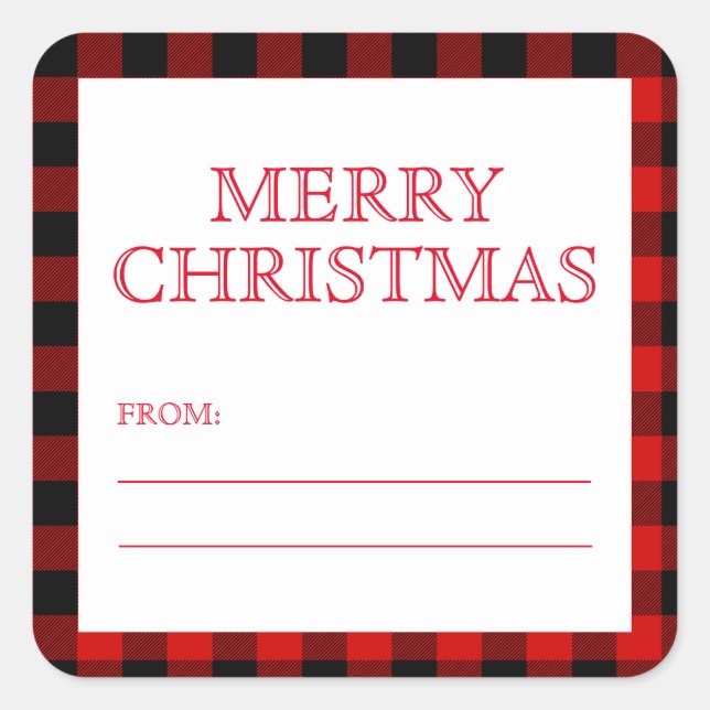Red Black Plaid Merry Christmas Gift Tag Stickers (Front)