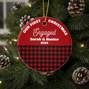 Red & Black Plaid Our 1st Christmas Engaged Ceramic Ornament