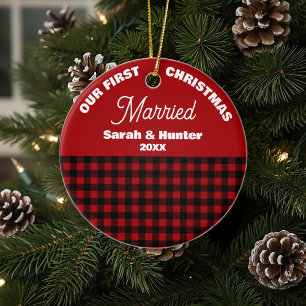 Red & Black Plaid Our 1st Christmas Married Ceramic Ornament