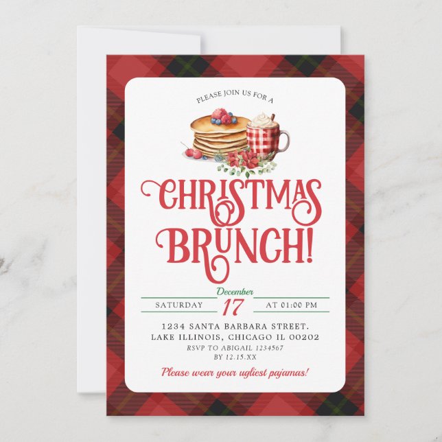 Red Black Plaid Pancake Hot Cocoa Christmas Brunch Invitation (Front)