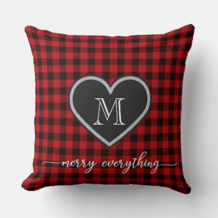 Red Black Plaid Pattern Christmas Heart Monogram Throw Pillow
