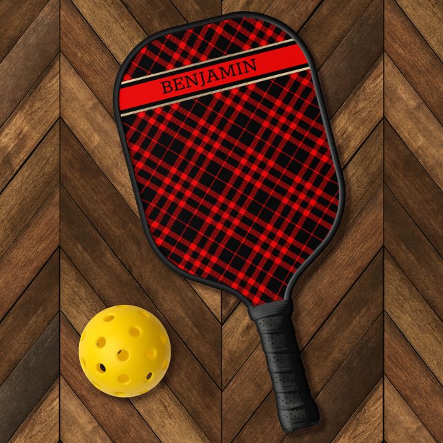 Red & Black Plaid Pattern Name Modern Personalized Pickleball Paddle (Creator Uploaded)