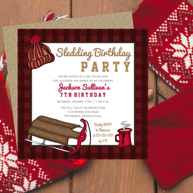 Red | Black Plaid Sledding Birthday Party Invitation (Red and Black Plaid Retro Sledding Birthday Party Invitation)