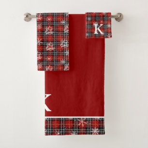 Red Black Plaid Snowflake Monogram LET IT SNOW Bath Towel Set
