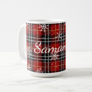 Red Black Plaid Snowflakes Personalized Coffee Mug