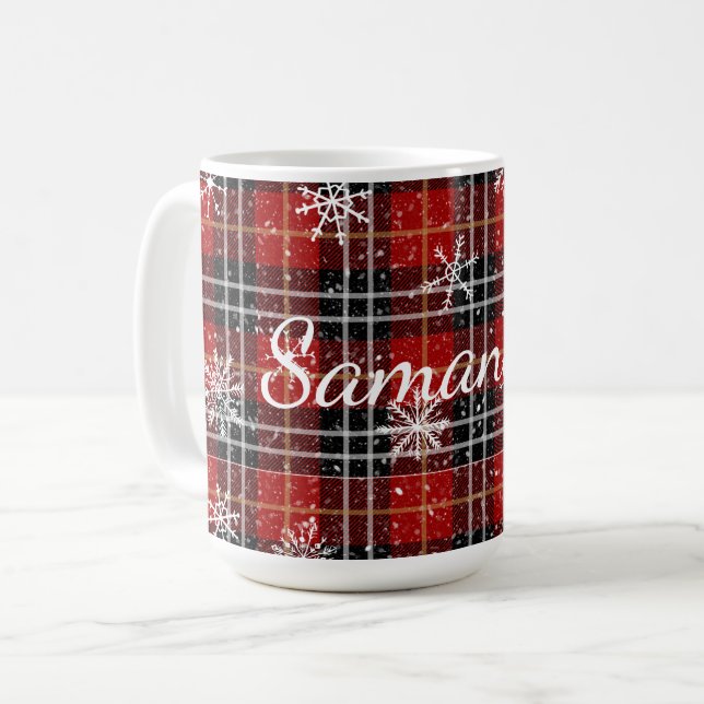Red Black Plaid Snowflakes Personalized Coffee Mug (Front Left)