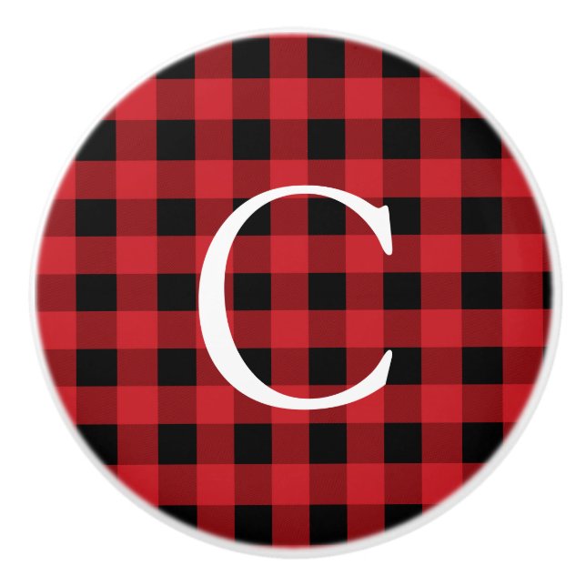 Red & Black Plaid Squares Rustic Country Dresser Ceramic Knob (Front)