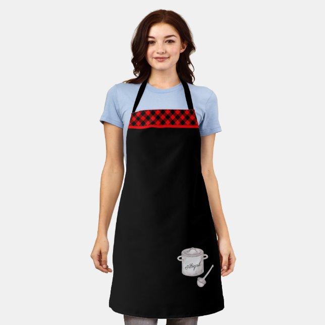 Red & Black Plaid Trim Chef's Pot Personalized Apron (Worn)