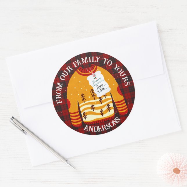 Red Black Plaid Ugly Sweater Cute Merry Christmas Classic Round Sticker (Envelope)