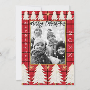Red Black Plaid & White Trees Rustic Holiday Photo Card