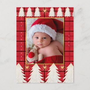Red Black Plaid & White Trees Rustic Holiday Photo Postcard