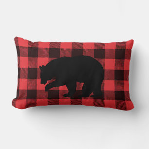 Red Black Plaid with Black Bear  Lumbar Pillow