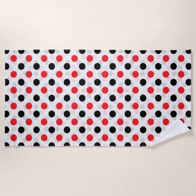 Red Black Polka Dots Textile Pattern Design Beach Towel (Front)
