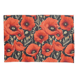 Red Black Poppy Flower Pattern  Pillowcase