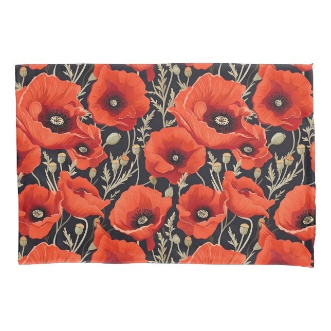 Red Black Poppy Flower Pattern  Pillowcase (Front)