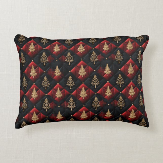 Red Black Quilt Squares Gold Christmas Trees Accent Pillow (Front)