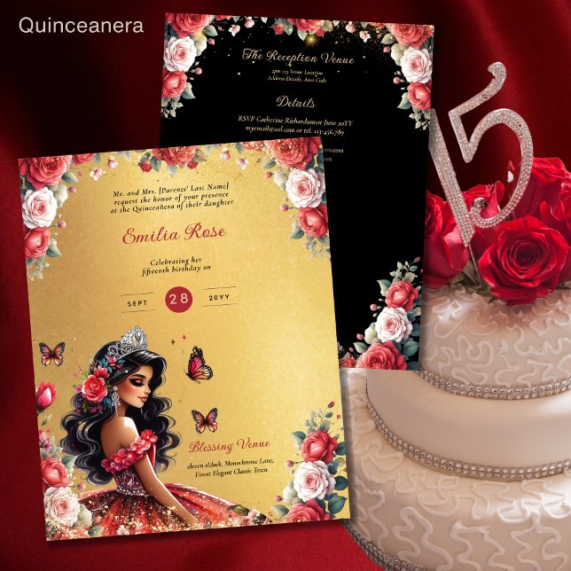 Red Black Quinceanera Dress Floral Butterflies (Creator Uploaded)