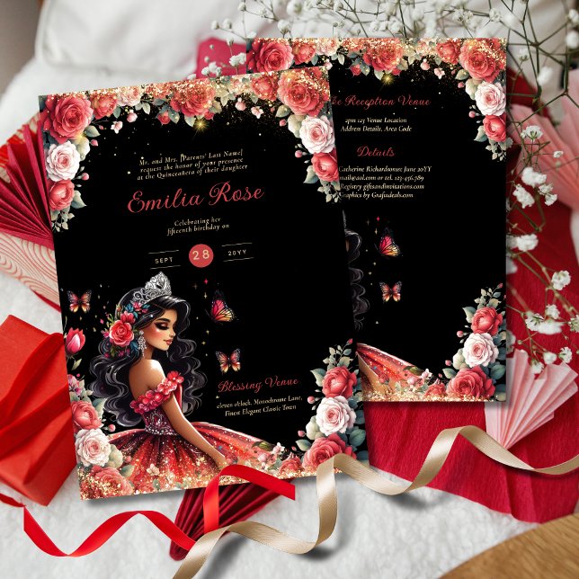 Red Black Quinceanera Dress Floral Butterflies Invitation (Creator Uploaded)