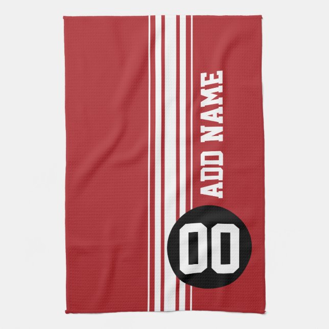 Red Black Racing Stripes Custom Name Number Kitchen Towel (Vertical)