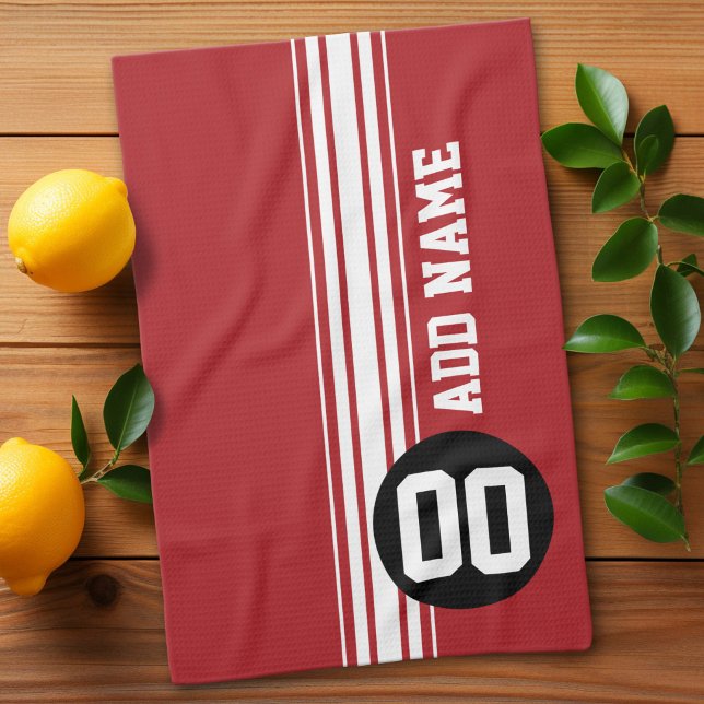 Red Black Racing Stripes Custom Name Number Kitchen Towel (Custom Kitchen Towel)
