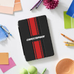 Red Black Racing Stripes Stylish Name Monogrammed iPad Pro Cover<br><div class="desc">Create your own custom, personalized, cool, classy, stylish, classic, red and black racing stripes design, white typography / script monogram, trendy, magnetic iPad smart cover that folds into multiple stand positions and features grey microfiber interior that helps protect your screen, and wake / sleep function. To customize, simply type in...</div>