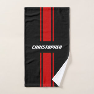 Red Black Racing Stripes White Monogram Mens Boys Bath Towel Set