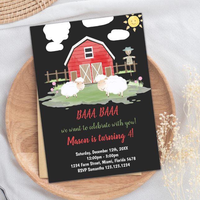 Red Black Red Farm Animaux Invitations Anniversair (Red Black Red Farm Animals Birthday Invitations)