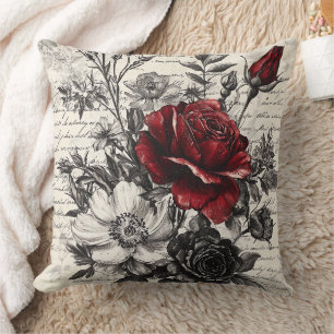 Red Black Rose Antique Manuscript Flowers Throw Pillow