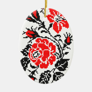 Red&Black Rose cross-stitch Russian Pattern Ceramic Ornament