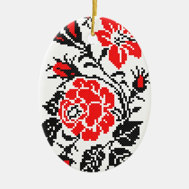 Red&Black Rose cross-stitch Russian Pattern Ceramic Ornament (Front)