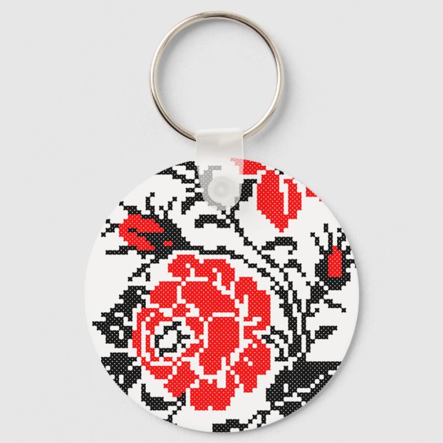 Red&Black Rose cross-stitch Russian Pattern Keychain (Front)