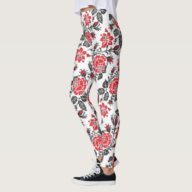 Red & Black Rose cross-stitch Russian Pattern Leggings (Left)