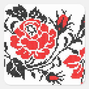 Red&Black Rose cross-stitch Russian Pattern Square Sticker