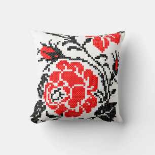 Red&Black Rose cross-stitch Russian Pattern Throw Pillow