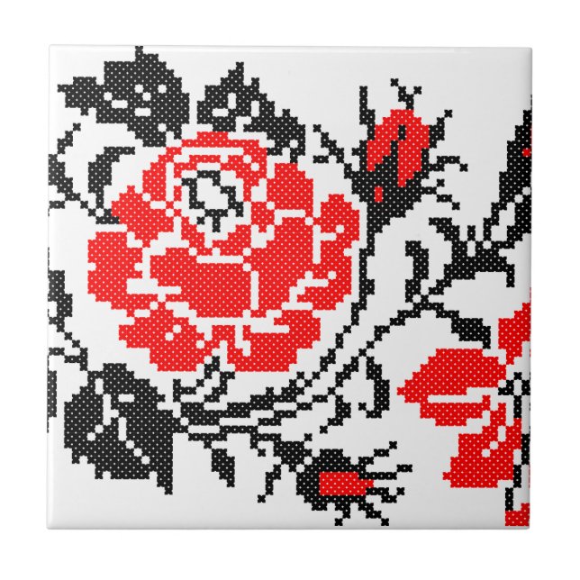 Red&Black Rose cross-stitch Russian Pattern Tile (Front)