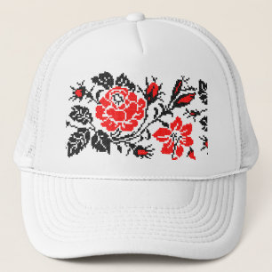 Red&Black Rose cross-stitch Russian Pattern Trucker Hat