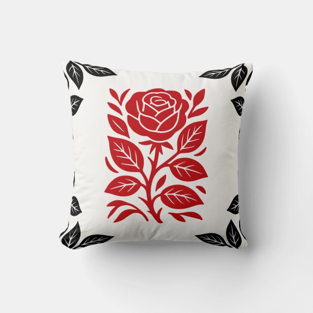 Red & Black Rose Floral Modern Glam Throw Pillow (Front)