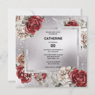 Red black rose floral silver chic any age party invitation