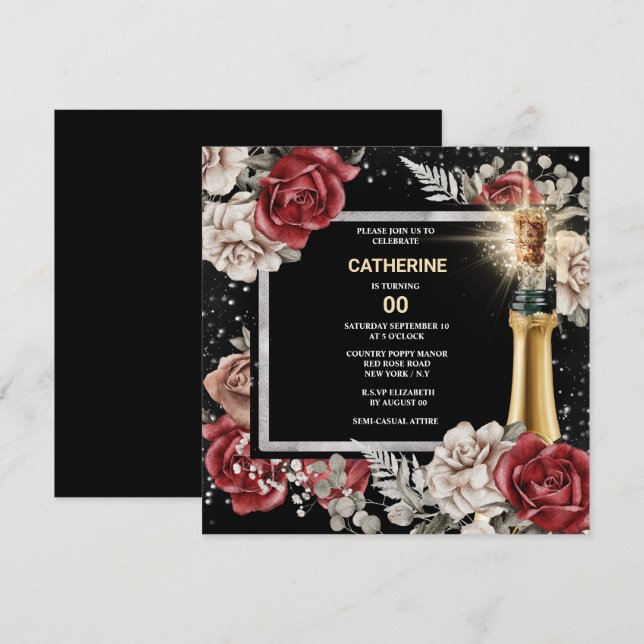 Red black rose floral sparkling wine any age party invitation (Front/Back)