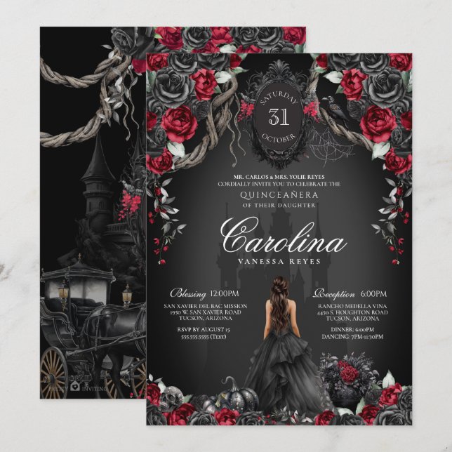 Red Black Rose Gothic Haunted Castle Quinceanera Invitation (Front/Back)